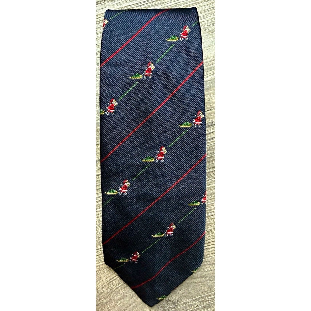 VTG Brooks Brothers Makers Silk Tie Navy Red Striped Embroidered Santa Christmas